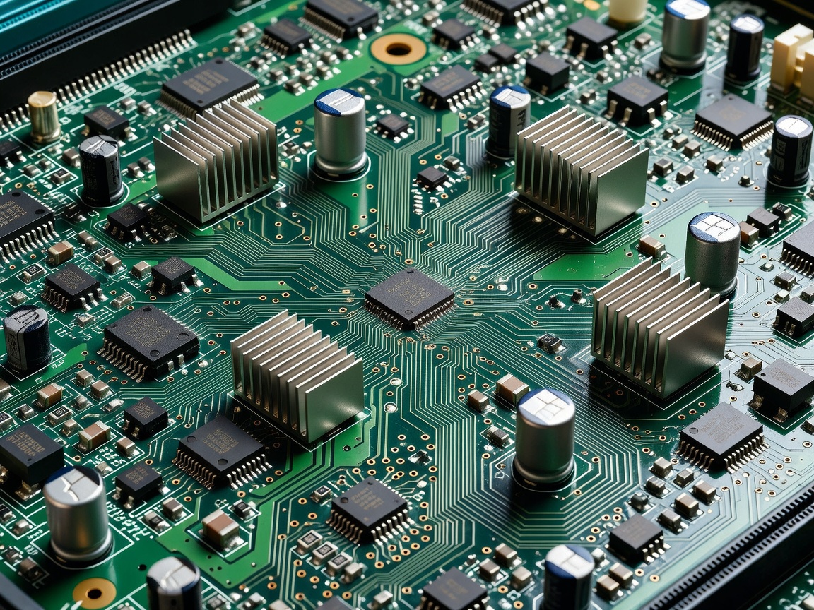 Tietokoneen emolevy ja elektroniset komponentit modituen vertauskuvana